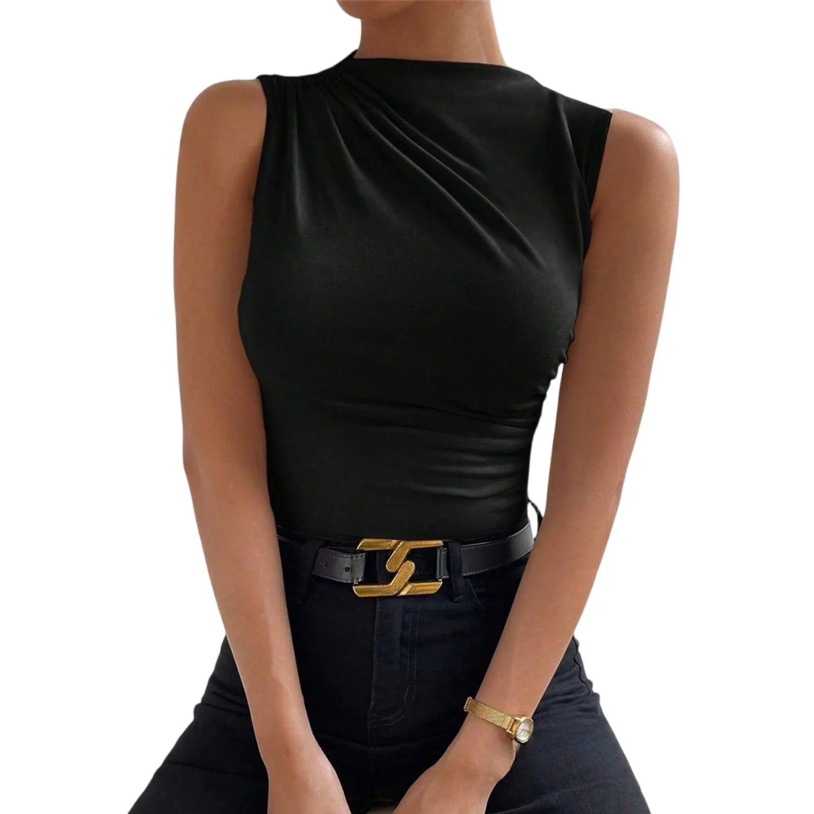 Solid Color Commuted Sleeveless Tight Top’s/Women Fashion Casual Mock  High Neck Ruched Top’s.