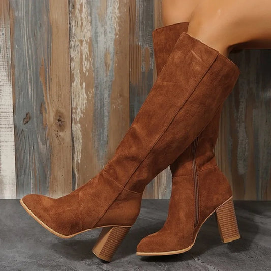 Women’s Knee-High Suede-Look Boots – Elegant Chunky Block Heel, Side-Zip Tall Boots, Fall & Winter