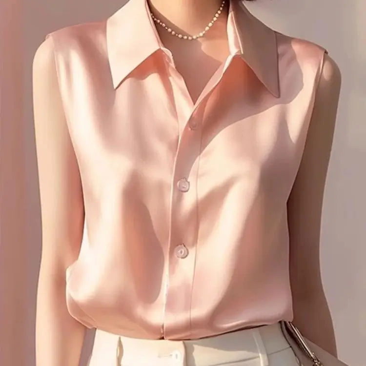 Sleeveless Satin Blouse for Women – Elegant Button-Front Top