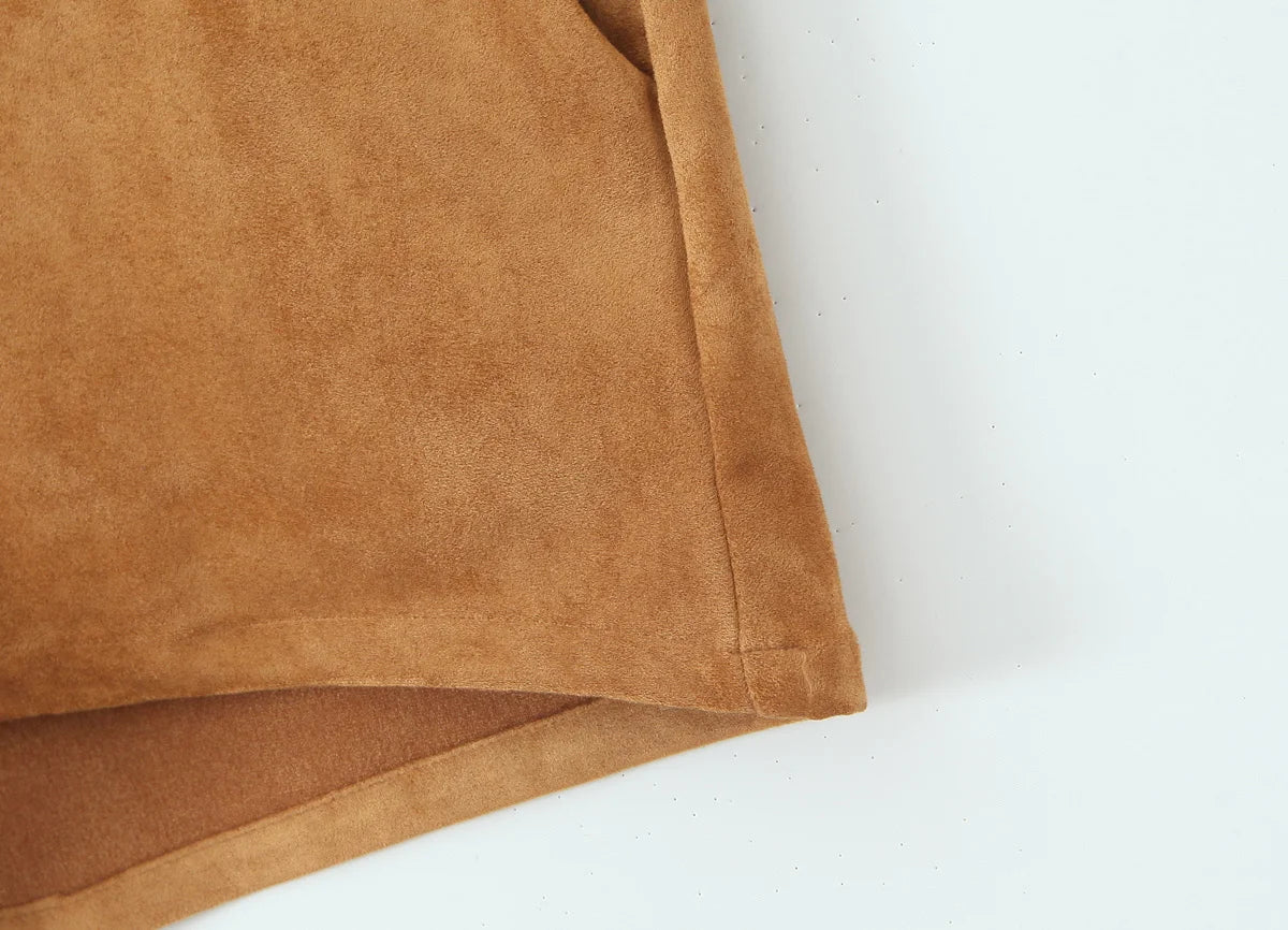 YENKYE Retro Brown Faux Suede Shorts for Women – High-Waist Casual Vintage Short Pants