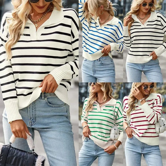 Striped Knitted Sweater Top Casual/Autumn Winter Long Sleeve/Turn/Down Collar Loose Knitwear/Autumn collar V neck Streetwear.