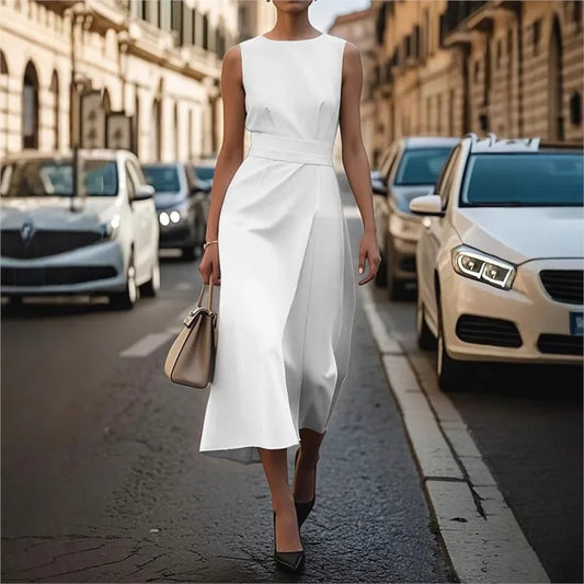 Solid Fashioned Sleeveless Dress/Elegant Round Neck Lace-up/Solid Color Look/Casual Spaghetti Strap Dress.
