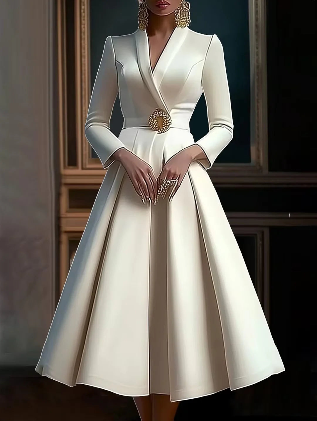 Elegant V Neck Pleated Pullover/Long Sleeved A-Line Dress/Waisted Evening Party Dress Women's Long Dress Vestidos with Belt.