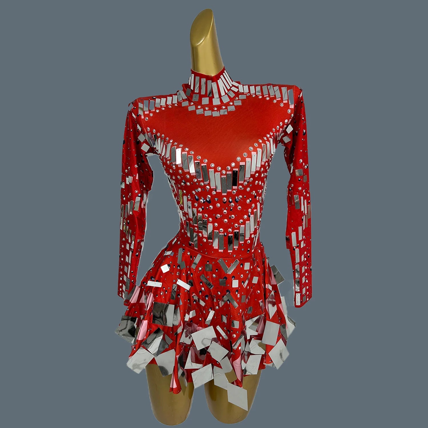 Dazzling Golden Rhinestone Mini Dress/Stage Sequined Maxi Dress/Concert Event Day/Crystal Mirror Silhouette A-LINE Dress.