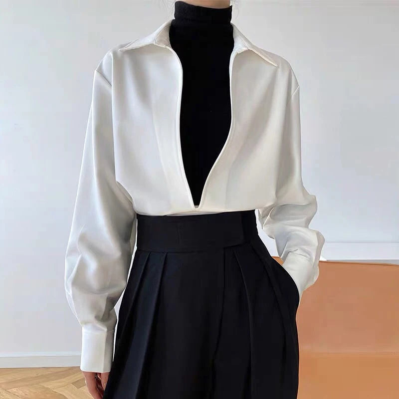 Autumn Simple Corduroy Pullover Shirt/Deep V-neck Long Sleeve Solid All-match Blouse.