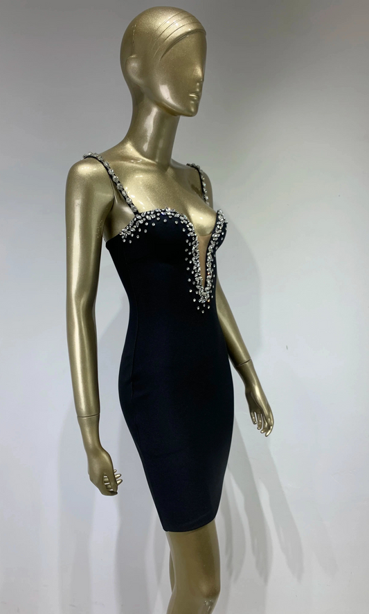 Modern V Neck Beading Diamond Dress/Beaded V‑Neck Mini Dress –cocktail dress/Black Mini Bodycon Bandage Dress.