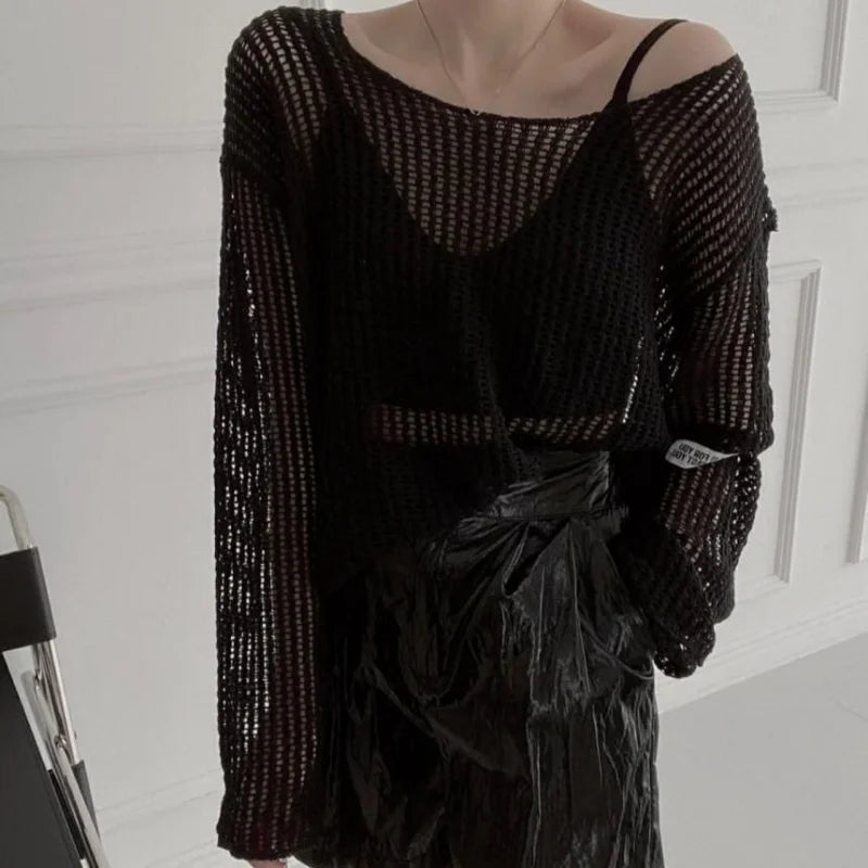 Hollow Out Pullovers Women Baggy O-neck Clothing/Casual Simple Stylish Vintage See-through Streetwear.