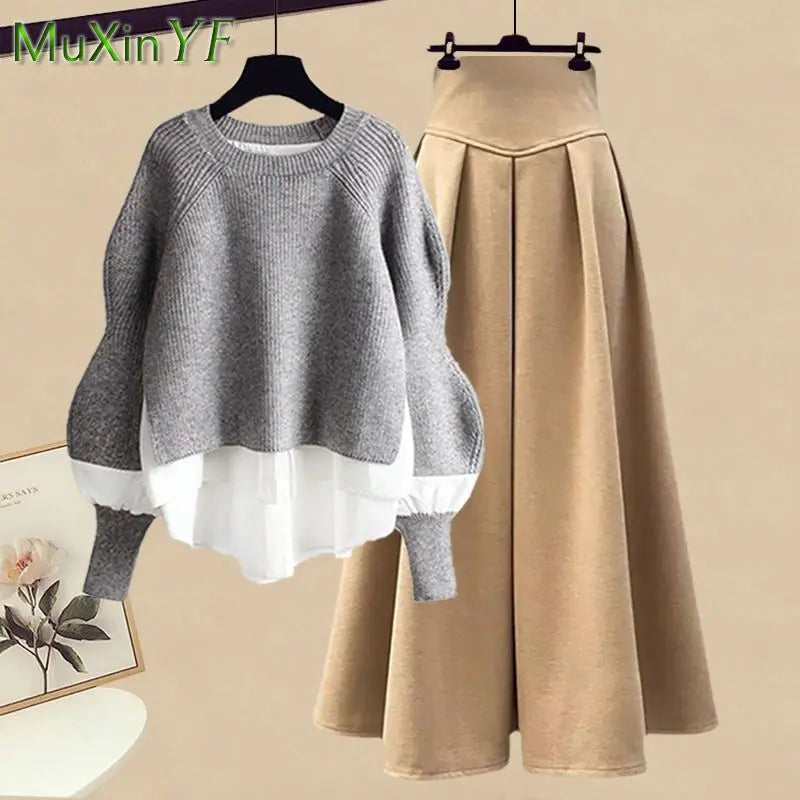 Elegant Splice Pullover Set/Two Piece Knitted Sweater Dress/Matching Chic Pullover Skirt Set.