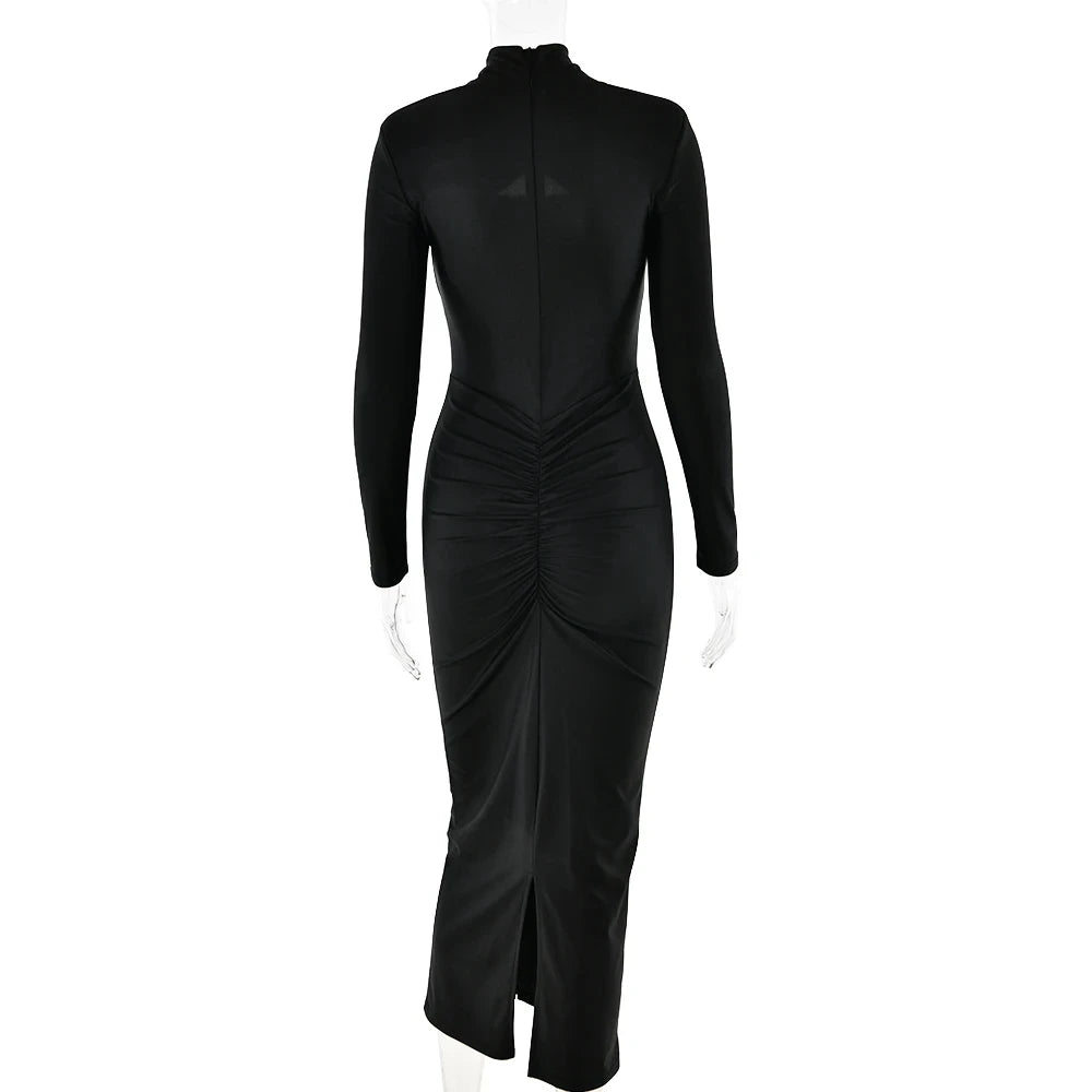 Luxury Champagne Gold Ruched Maxi Dress – Long Sleeve Stretch Satin Bodycon Evening Gown for Women