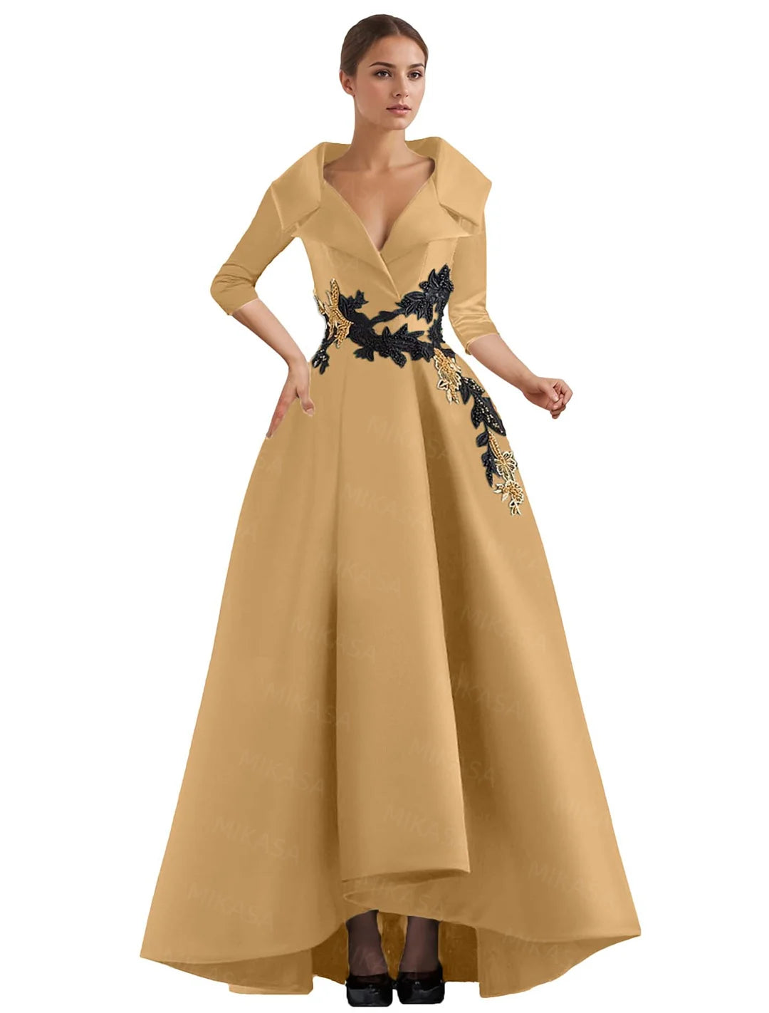 Elegant A Line Vintage Gown/Modern Three Quarter Sleeves V~Neck Dress/Party Gowns With Appliqué’s/Pockets Irregular Ruffles.