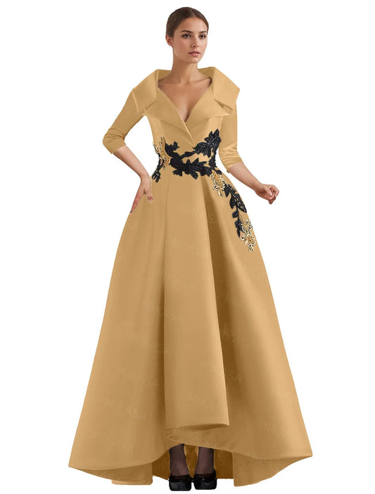 Elegant A Line Vintage Gown/Modern Three Quarter Sleeves V~Neck Dress/Party Gowns With Appliqué’s/Pockets Irregular Ruffles.
