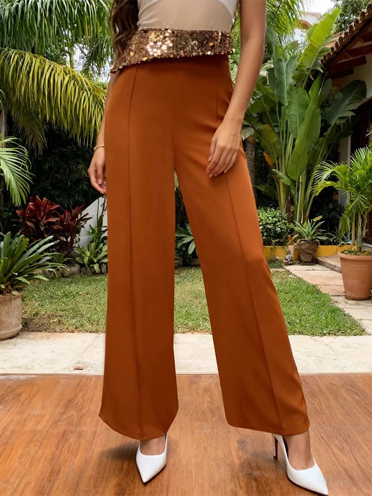Burgundy High Waist Wide Leg Pants with Sequin Waistband | Elegant Dressy Women’s Trousers