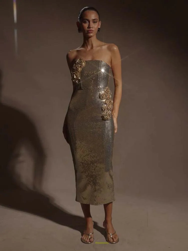 Sexy Golden Off Shoulder Sequin Dress/Long Strapless Floral Embellishment/Sleeveless Slim High Waist Cocktail Event’s.