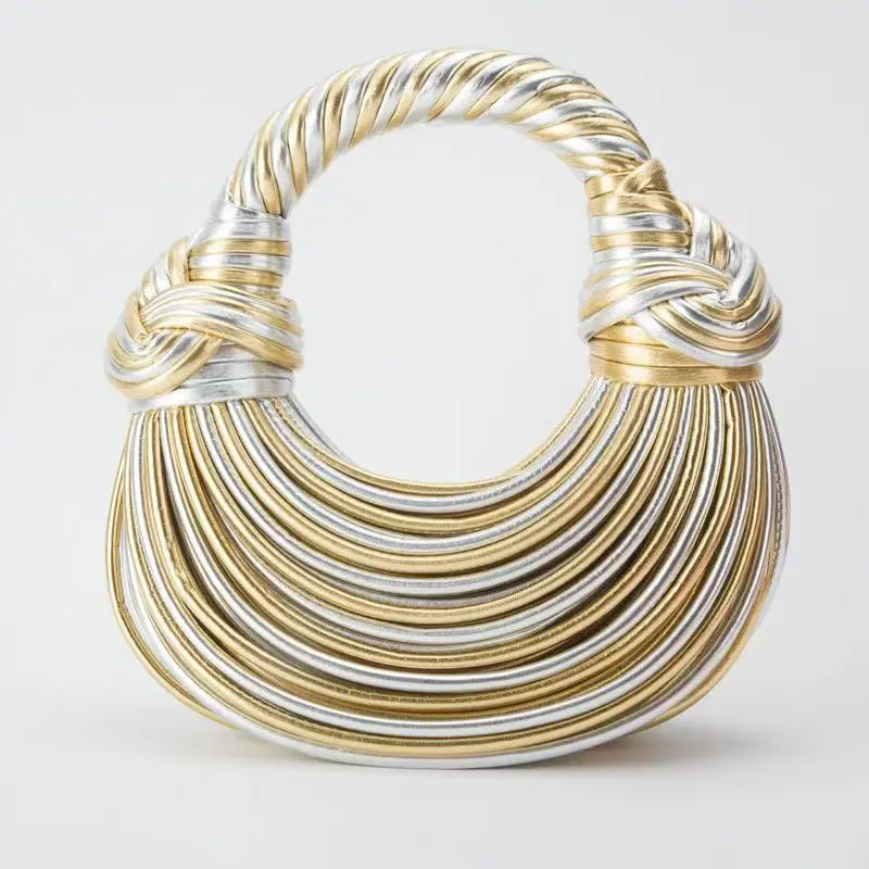 New Gold Luxury Designer Brand Handwoven Noodle Bags Rope Knotted Pulled Hobo Silver Evening Clutch Chic.