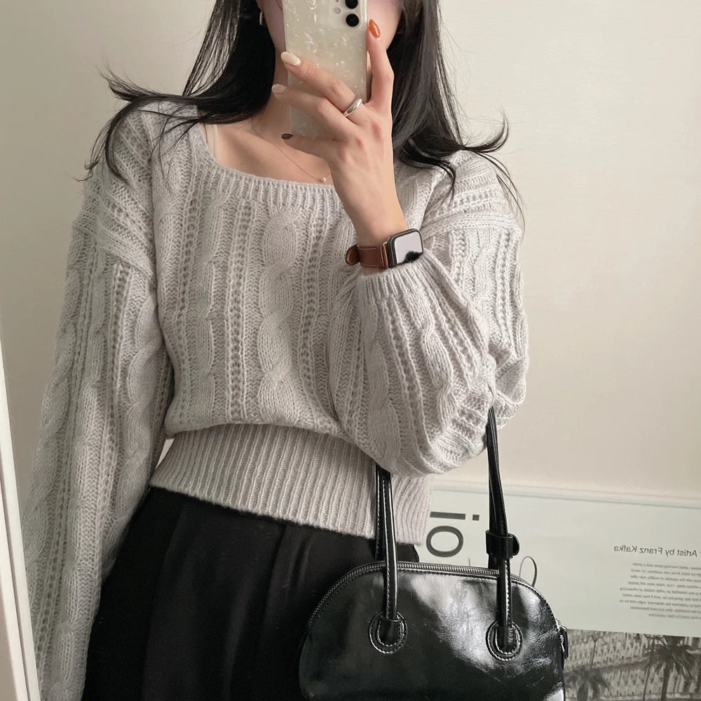Classy Pullover Square Neck Sweater/Autumn and Winter Loose Casual/Simple Jumper Solid Color Long Sleeved Knitted Sweater.