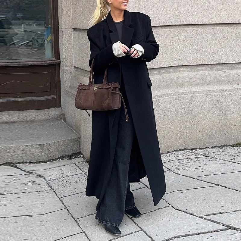 Classic Oversized Winter Coat/Women's Long Sleeved Coat/Turn-Down Collar/Adjusted Long Sleeved/Single Button Mid-length/Outerwear.