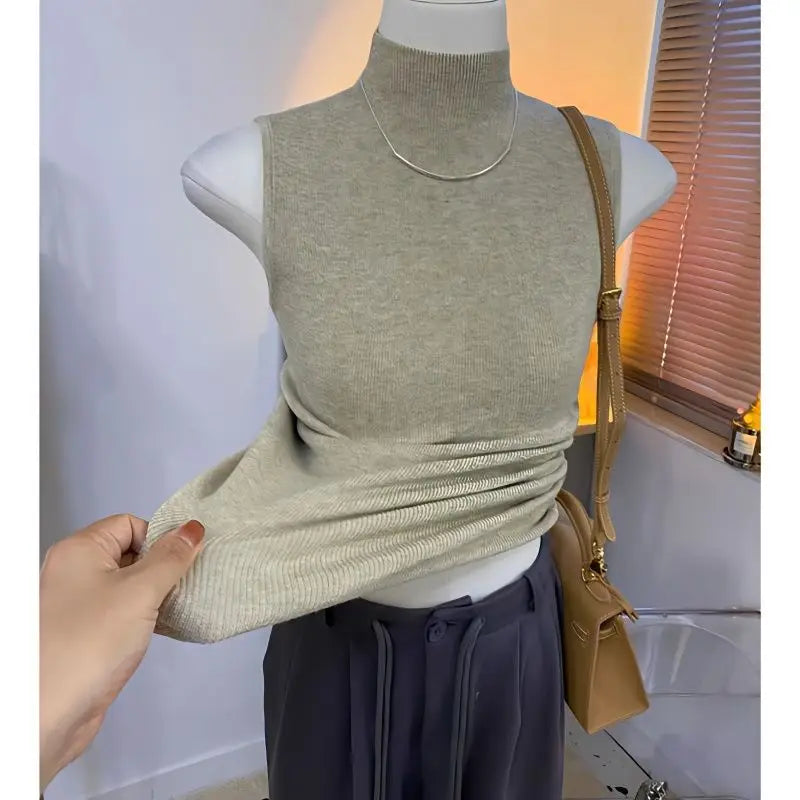 Knitted turtleneck sweater/Women Half High Collar Fashion/Autumn Basic Slim Sleeveless Sweaters/All-match Ulzzang Leisure Knitting. Popular Slightly Stretch.