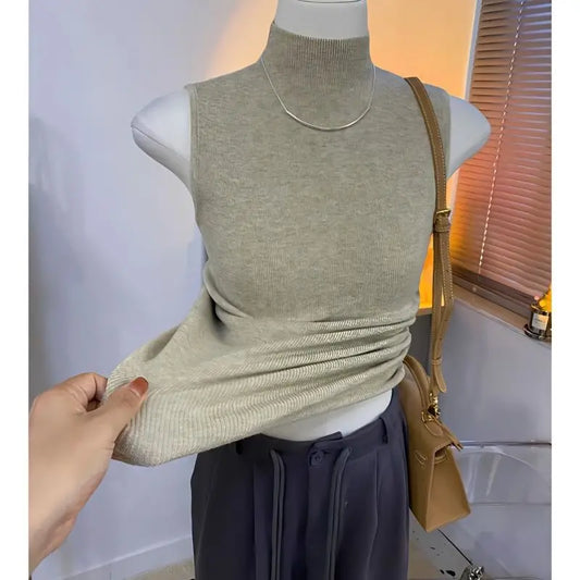 Knitted turtleneck sweater/Women Half High Collar Fashion/Autumn Basic Slim Sleeveless Sweaters/All-match Ulzzang Leisure Knitting. Popular Slightly Stretch.