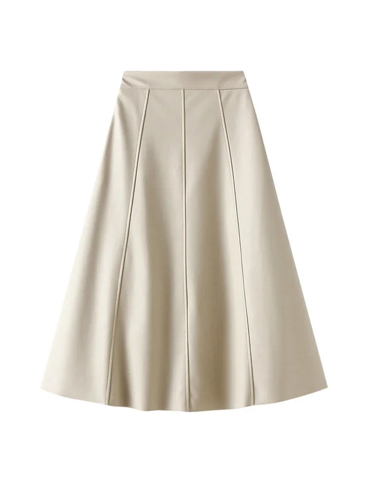 Vintage Faux Leather Skirt Women Autumn Fashion/Midi Long A Line Skirt Female Beige Khaki Elegant PU Skirt A319.