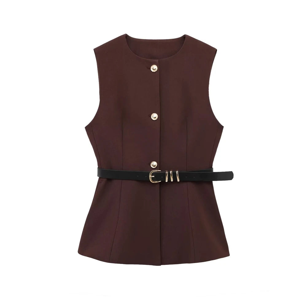 Commense Button Detail/TRZA-Women's Long Waistcoat with Belt, Front Gold Button/Fashion. Women Fashion Vintage Vest/Sleeveless Front Button Female Vest Tops With Belt