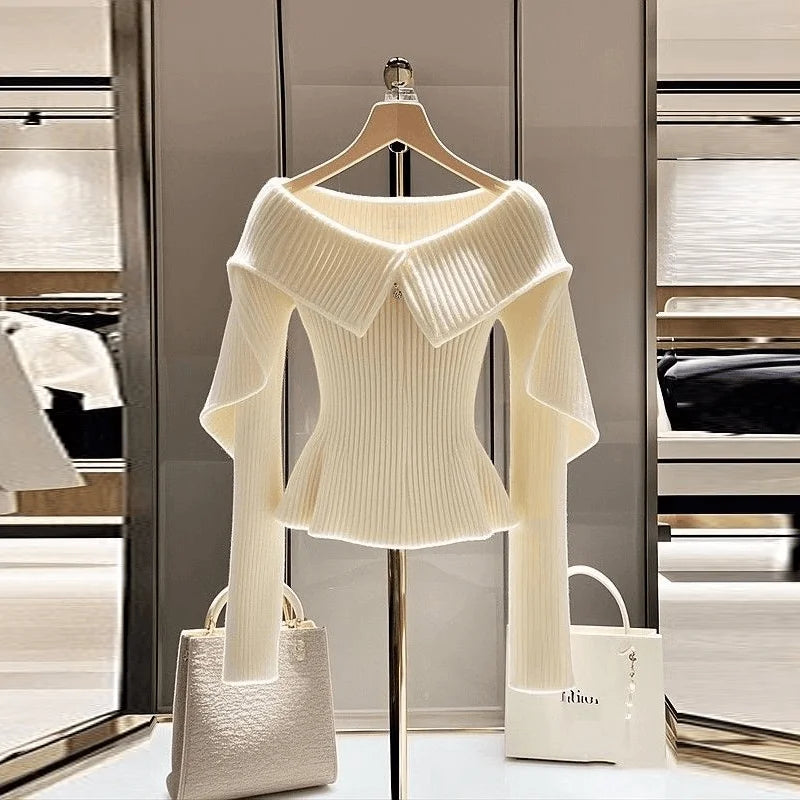 Luxury turn down collar/Wool knitted Sweater/Solid Style High End Design/Sense Niche Thin lapel Fit/Autumn Season wear.