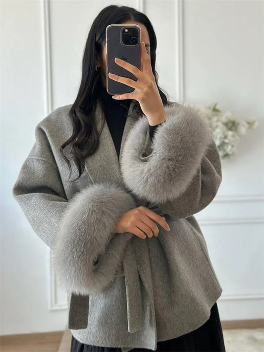 Tossy Fox Fur Overcoat/Short Fitted Cardigan Coat/Elegant Double-sided Woolen Coat.