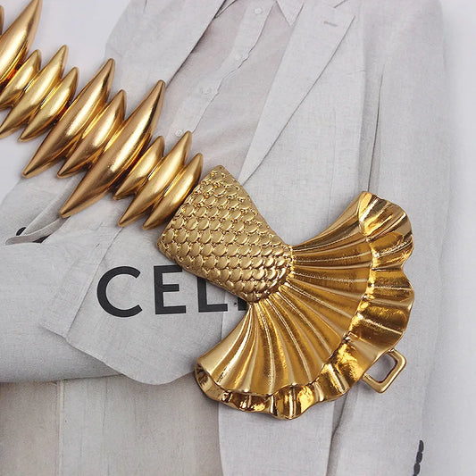 New Luxury Designer Belts For Women/High Quality Brand/Female Elastic Gold Belt’s/Ladies Waist Fish Metal Dress Waistband.