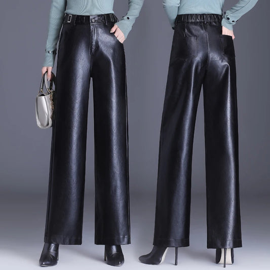 Modern Leather Leg PU Trousers/ Back Elastic Waist  Straight Elegant  Leather Trousers.