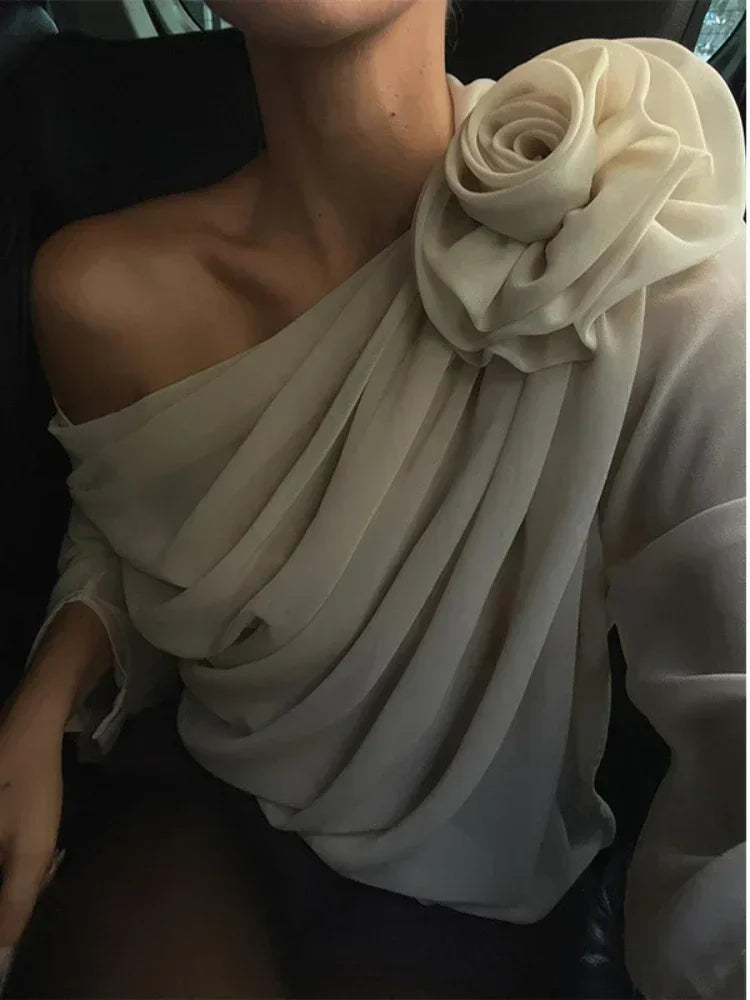 One Shoulder Pleated Asymmetrical Shirt/Long Collar Sleeve ed/Elegant Tops/Blouse Shirts Female 3D Flower Shirts Corset Top.