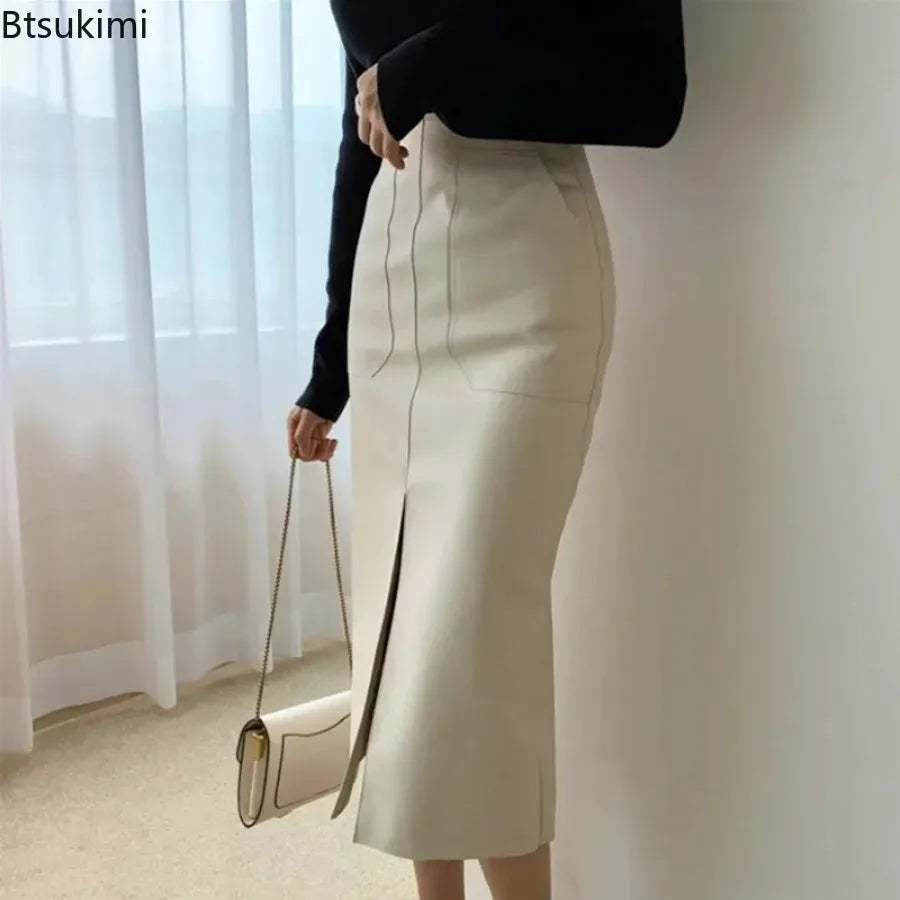 Modern Blend Boutique Women’s High-Waisted Faux Leather Midi Pencil Skirt – Elegant Front Slit, Slim Fit PU Leather Skirt, Timeless Chic Office & Evening Wear