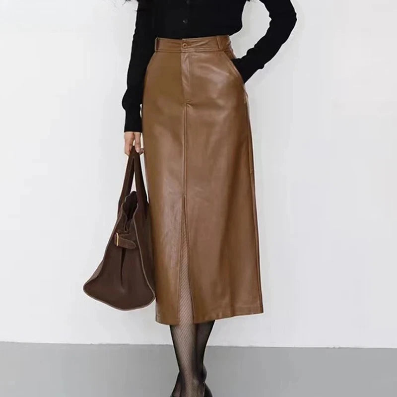 Genuine Sheepskin Leather Front-Slit Midi Skirt