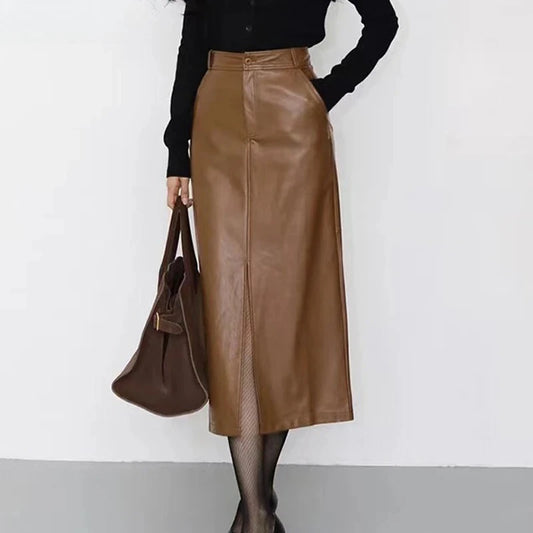 Genuine Sheepskin Leather Front-Slit Midi Skirt