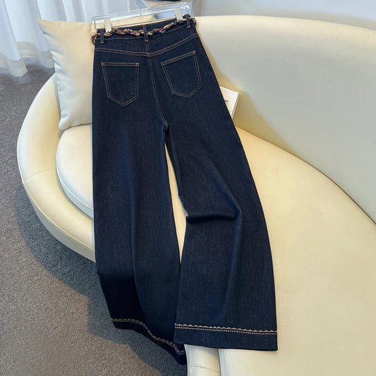 Luxury High-Waist Wide-Leg Denim Jeans with Boho Scarf Tie & Beaded Drawstring | Modern Blend Boutique
