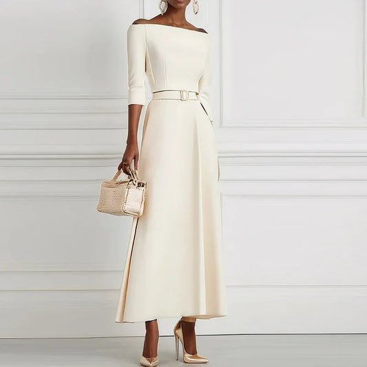 Elegant Party Dresses For Women One Shoulder Half Sleeve High Waisted A-Line Long Dress Women Offfice Dress White