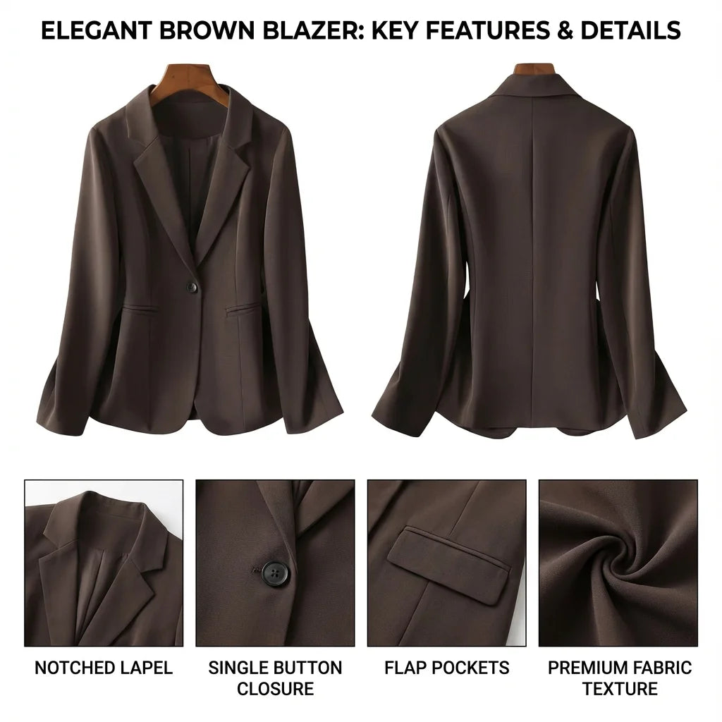 Women’s Chocolate Brown Tailored Blazer – Single-Button Notched Collar Jacket | Elegant Office & Casual Chic Outerwear