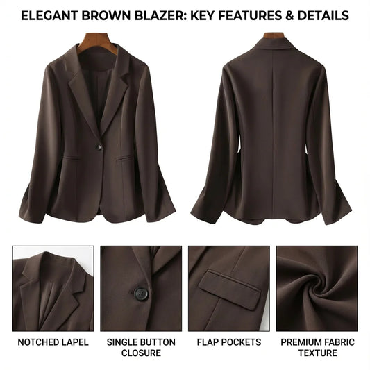 Women’s Chocolate Brown Tailored Blazer – Single-Button Notched Collar Jacket | Elegant Office & Casual Chic Outerwear