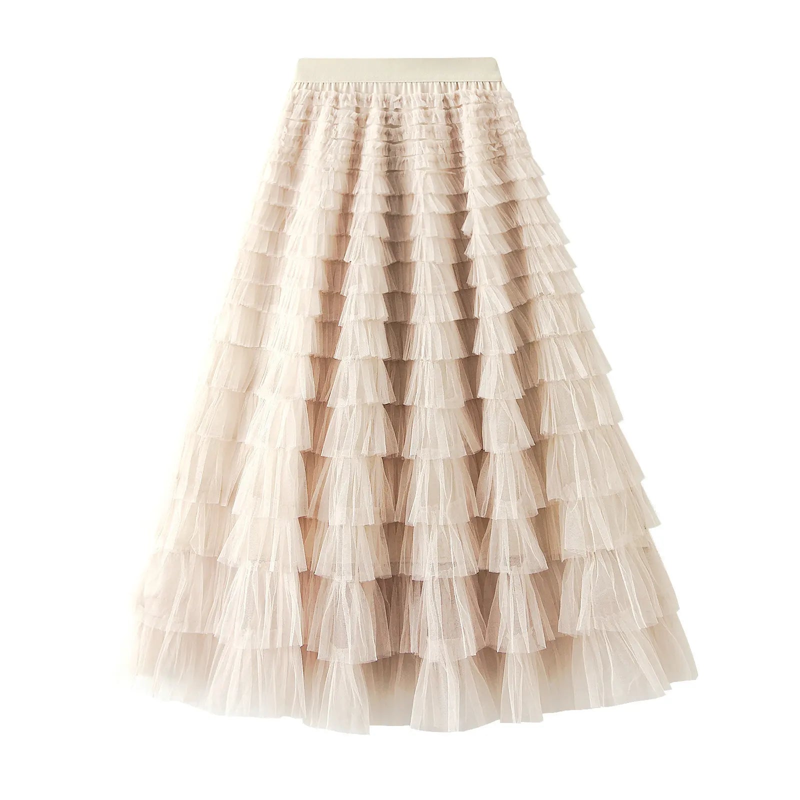 Elegant Layered Mesh Skirt For Women/High-Waisted Puff Skirt/Dropped A~Line/Appliqués Decorative Loose Fitted Skirt.