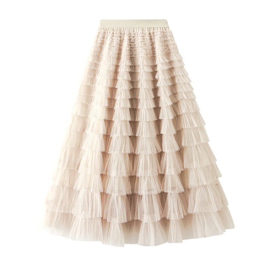 Elegant Layered Mesh Skirt For Women/High-Waisted Puff Skirt/Dropped A~Line/Appliqués Decorative Loose Fitted Skirt.