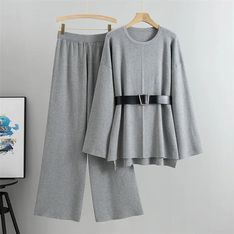 Women’s Elegant Knit Two-Piece Set | Belted Sweater & Wide-Leg Pants | Timeless Minimalist Elegance