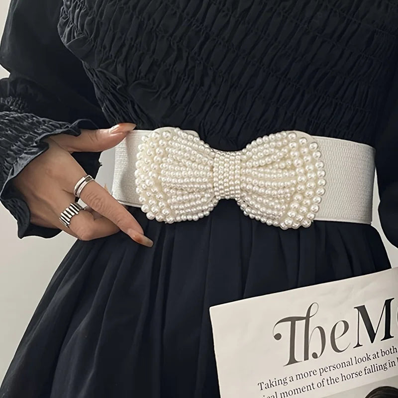 Refined Bowknot Elastic Belt/Elegant Women Wide Side Waistband/Female Dress Coat Clothing Exquisite Decoration Belt.