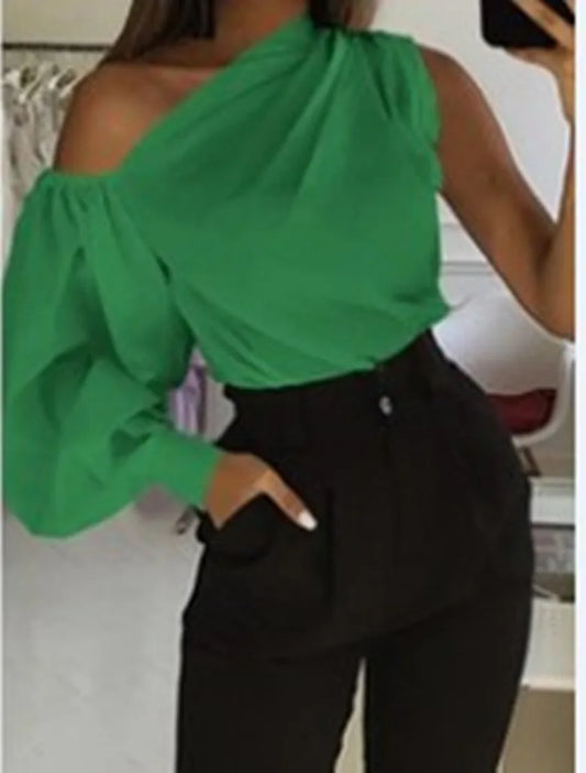 Women's Solid Color Oblique/Shoulder fit long Sleeve. For casual use/Off Shoulder design. Female Fashion Lantern Long Sleeve Shirts.