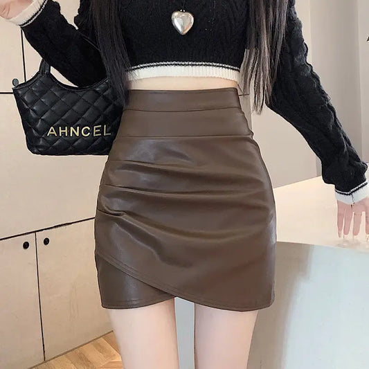 High-Waist Faux Leather Bodycon Mini Skirt – Ruched Slim Fit PU Leather Wrap Skirt for Women