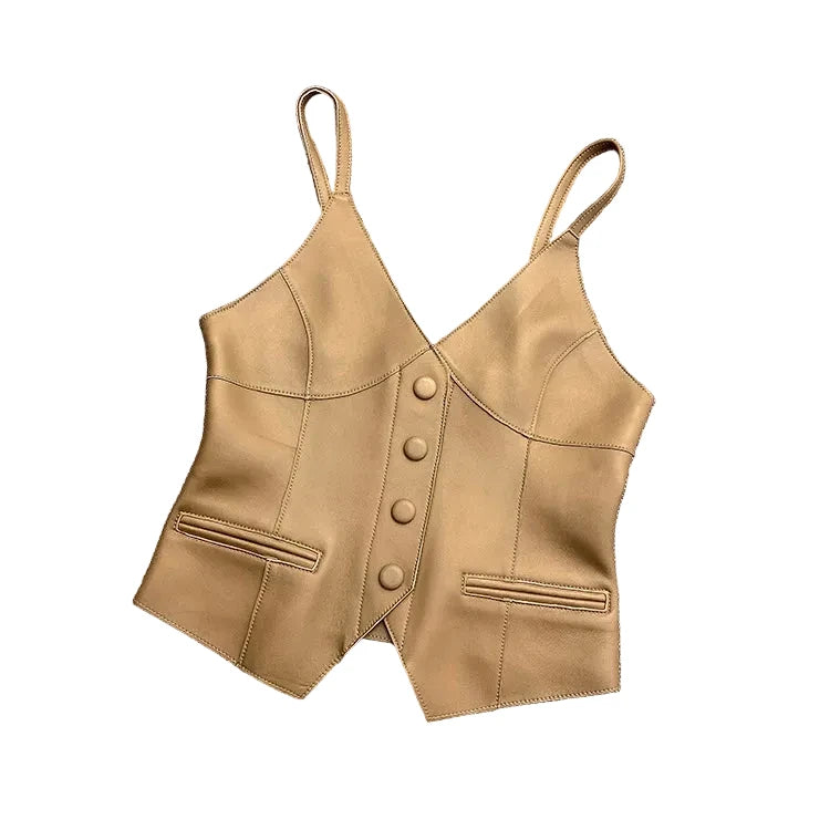 Luxury Genuine Sheepskin Leather Vest for Women – Tailored V-Neck Button Front Streetwear Top (Black, Camel, Green, Purple, Orange, Khaki)