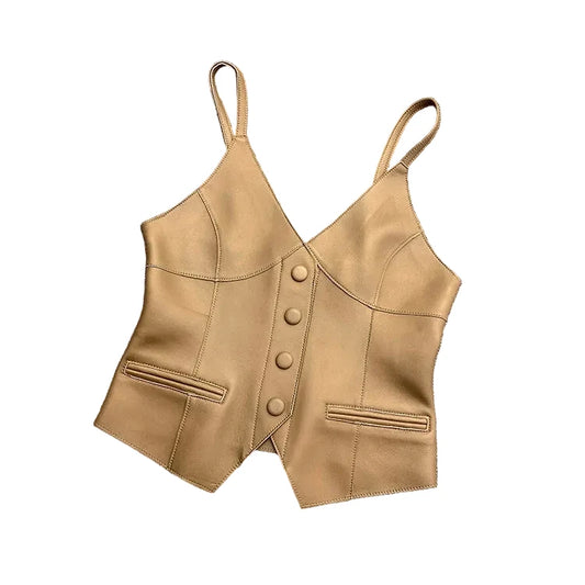 Luxury Genuine Sheepskin Leather Vest for Women – Tailored V-Neck Button Front Streetwear Top (Black, Camel, Green, Purple, Orange, Khaki)