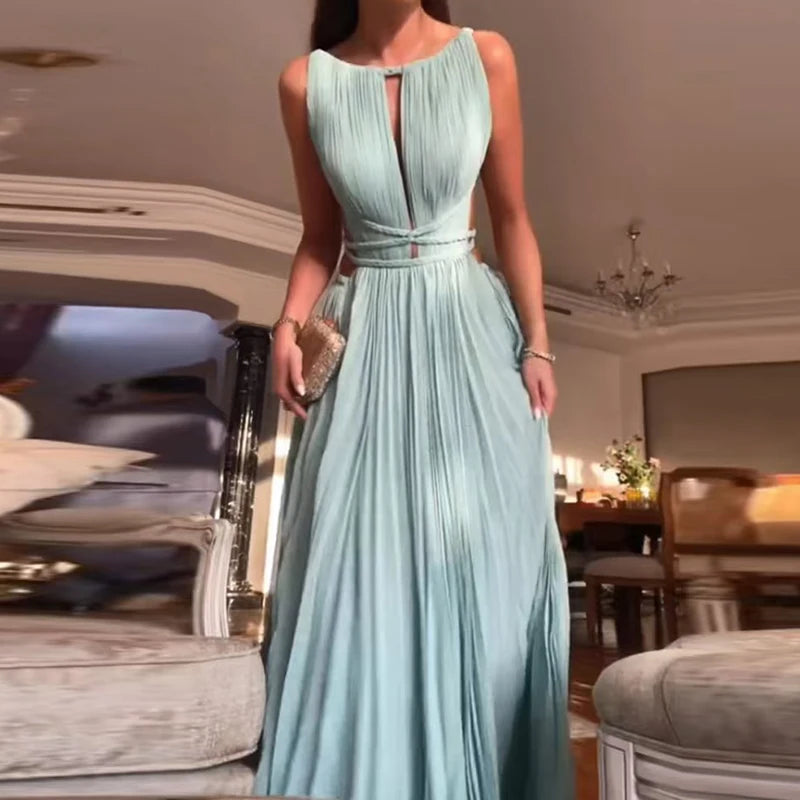 Elegant Pleated Maxi Dress – Available in Black, Peach, and Light Blue