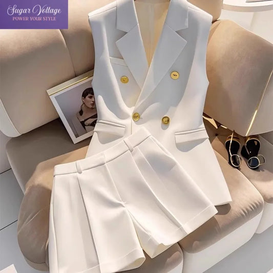 Exquisite White Sleeveless Blazer & Shorts Set with Gold Button’s/Admirable Women's Business Casual Suit.