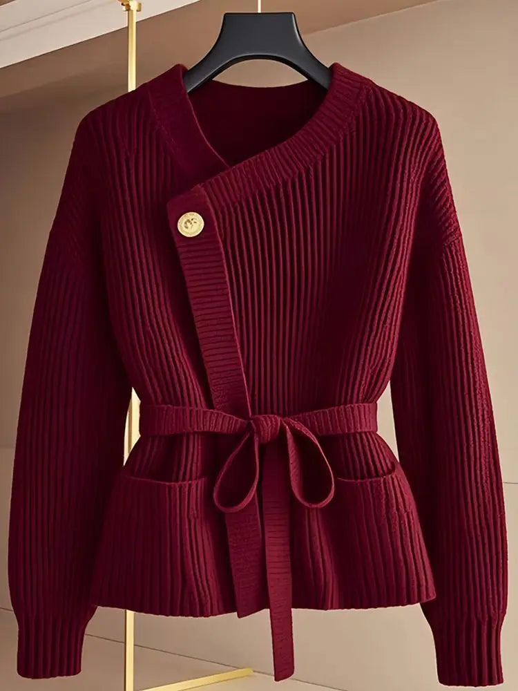 Excellent Lace~Up Red Stylish Knitted  Sweater/Women Winter Fashion.