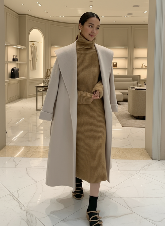 Smooth Double-Sided Woolen Coat/Elegant Commuter Long Belt/Slim Jacket Winter High Quality/Large Collar Loose Wool Coat’s.