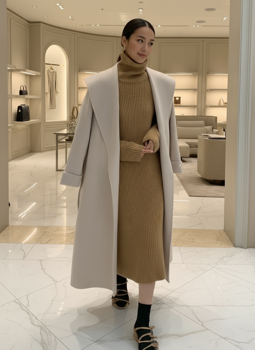Elegant Light Taupe Long Wool Coat for Women – Minimalist Sleeveless Open-Front Outerwear