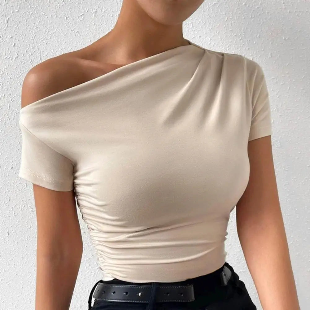 Elegant Women Skew Collar Short Sleeve Blouse/Slim Shirt Solid Color Side Shirring Blouse Shirt Top.